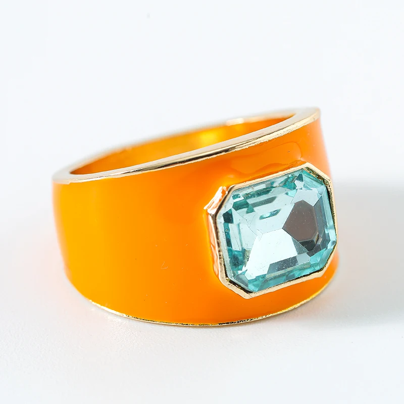 Custom Enamel Rings Jewelry Women Summer Bight Color Women 18K Gold Zircon Rhinestone Gemstone Signet Ring