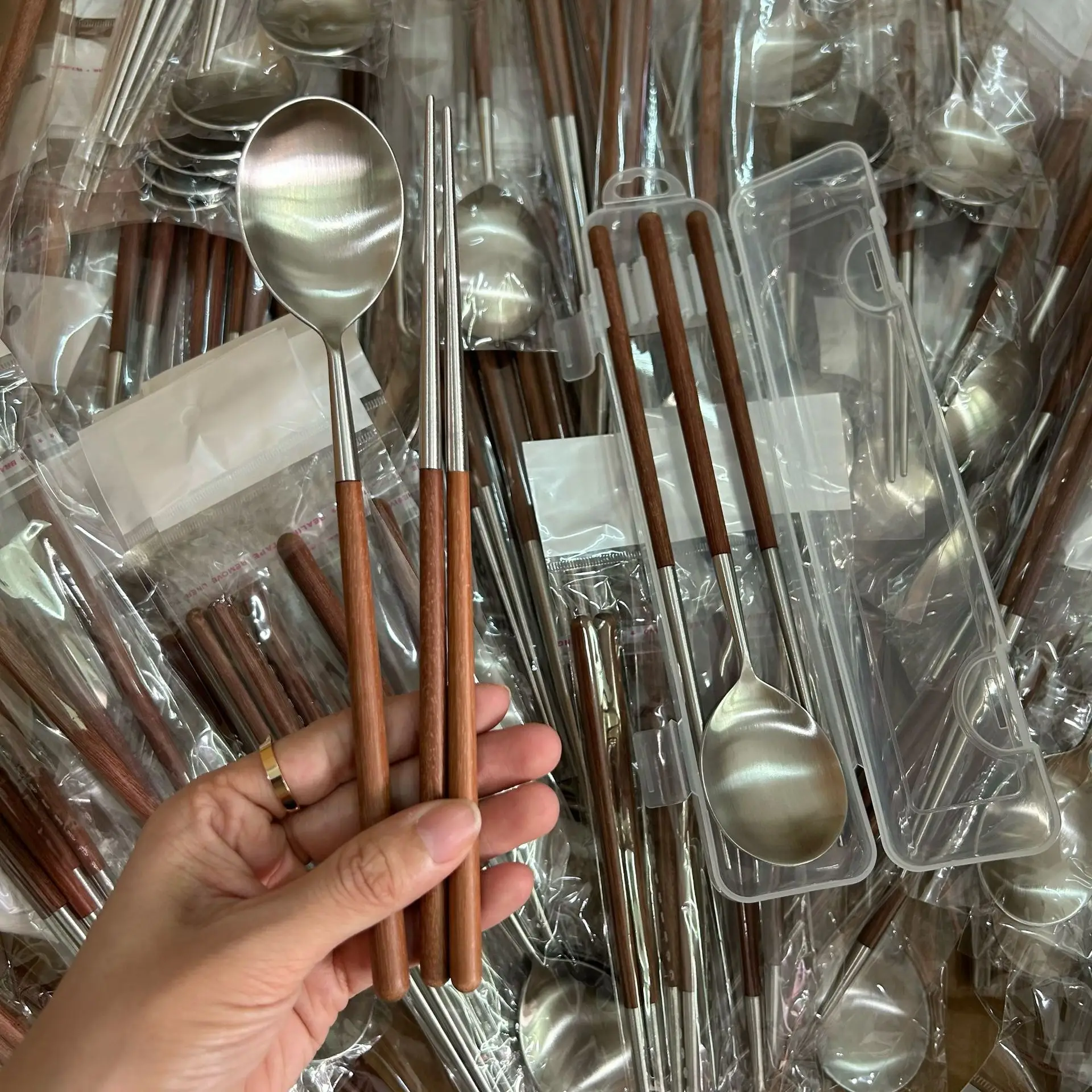 304 stainless steel portable tableware wooden fork spoon chopsticks travel outdoors sets