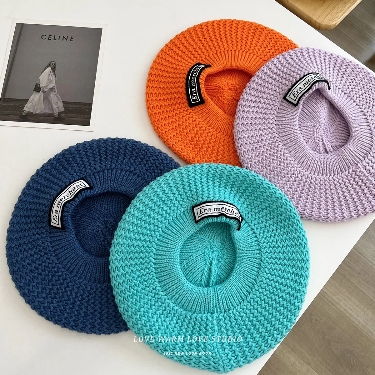 Winter Painter Hat Green Black Solid Color Letter Label Fabric Wool Hollow Knit Beret Hat