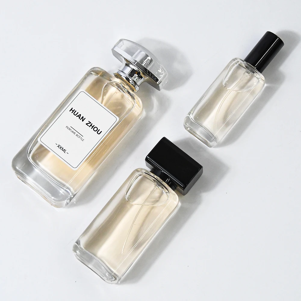 30ml 50ml 100ml Flat shoulder glass Perfume bottle square premium glass material empty perfume bottle with black lid