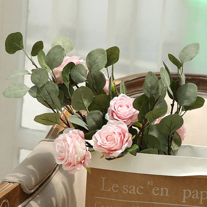 Nordic Style Eucalyptus Gold Leaf Long Stem Green Plant Rose Art Centerpiece Flower Arrangement Home Decoration