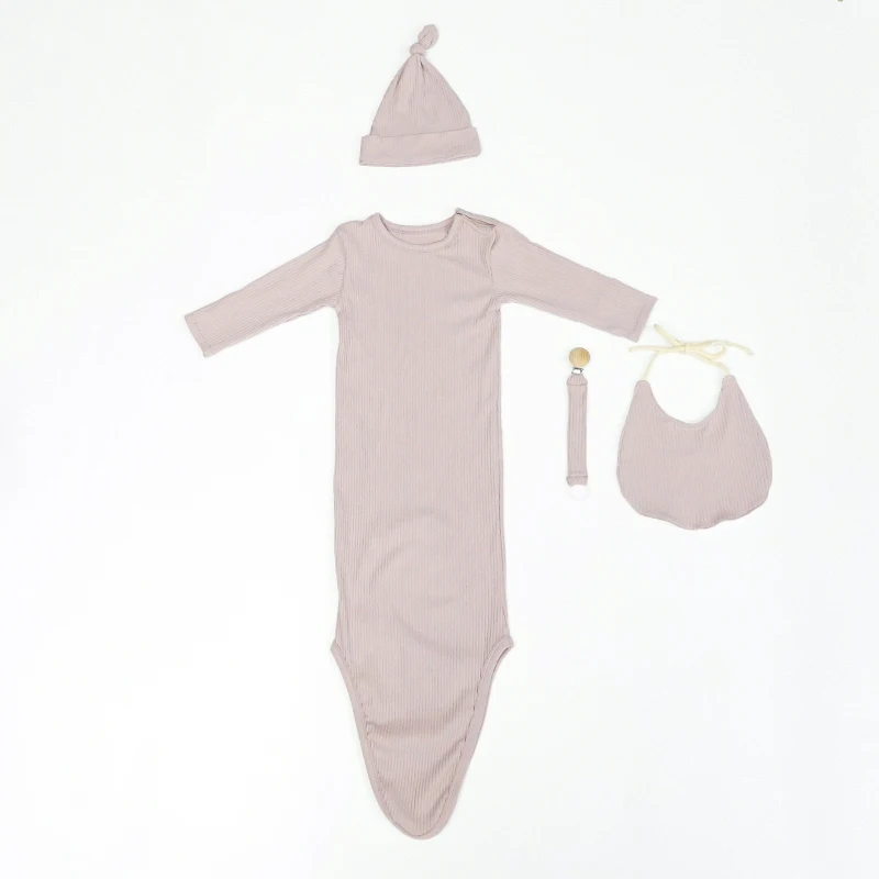 4 Pcs Ribbed Hats Bibs Pacifier Clip Baby Newborn Set Gift Knit Baby Sleeping Bags Stretch Swaddle Bag Cotton Set Sleep Sack
