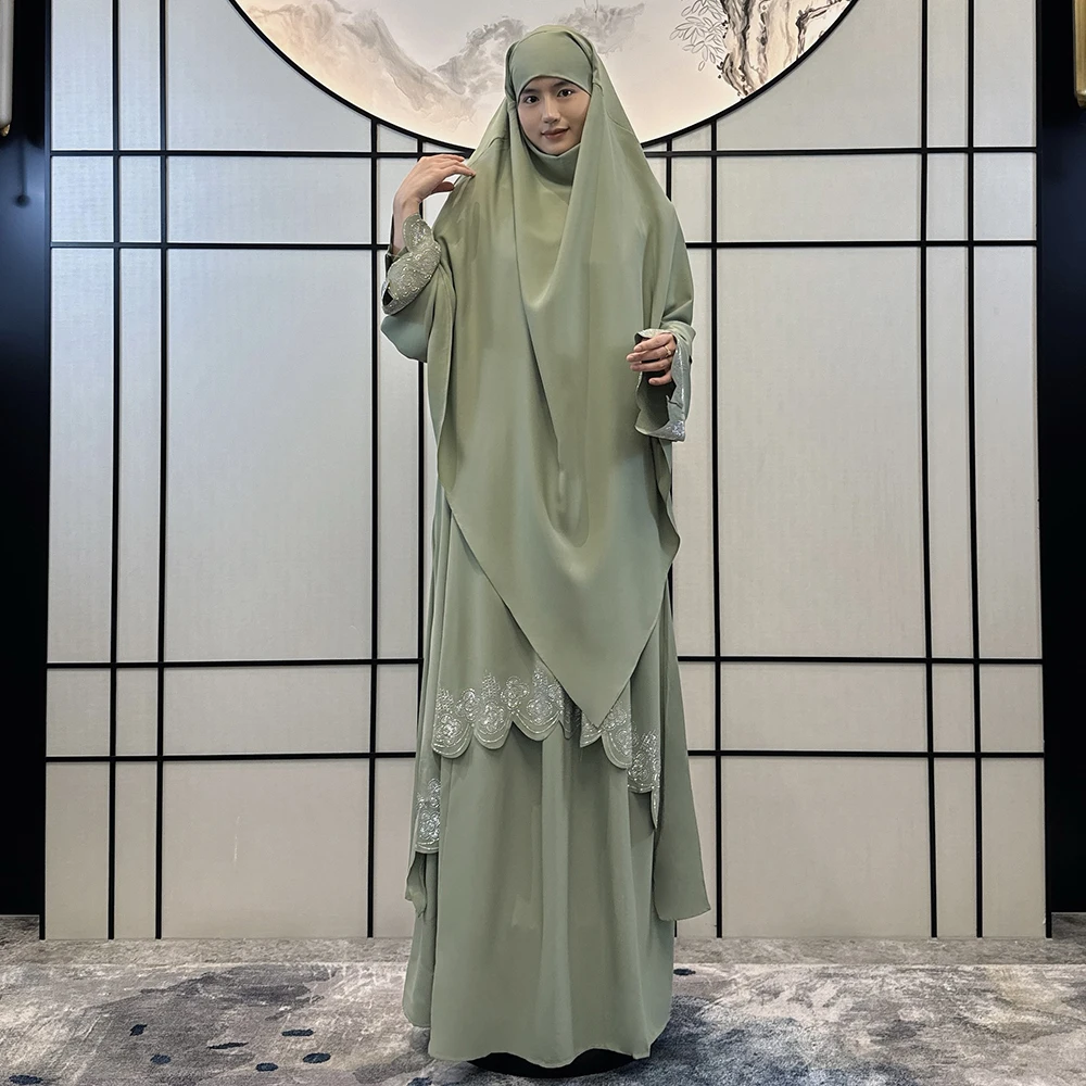 Jilbab Abaya Muslim Dress Embroidered Rhinestone Middle East Abaya Prayer Robe Plus Size Ramadan Eid Jilbab Khimar and Abaya Set