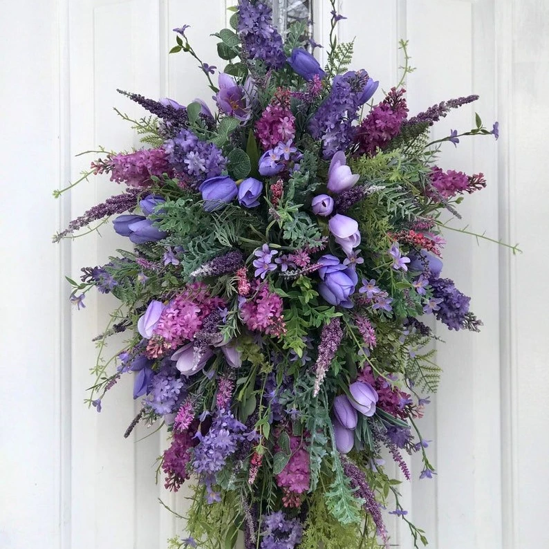 Spring Purple Tulip Garland Clove Tulip Hyacinth Hydrangea Colorful 20' Summer Wreath Front Door Home Garden Outdoor Decoration