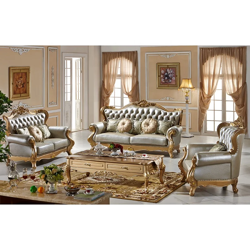 7 Seater Royal Luxury Antique Living Room Furniture Original Leather Sofa Set White And Gold Fabric Living Room Sofa Set