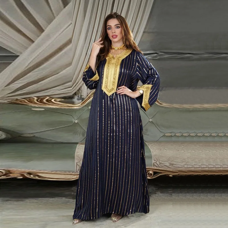 Good style golden loose wear maxi abaya dubai long women muslim dress and hijab