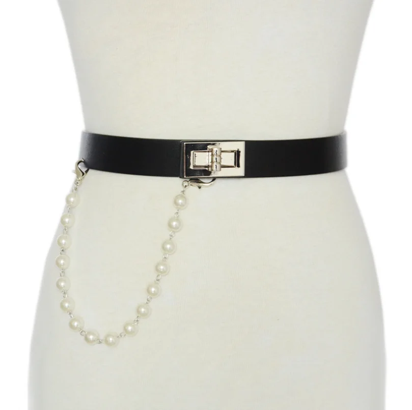 Fashion adjustable PU belt with beads chain for woman and girls