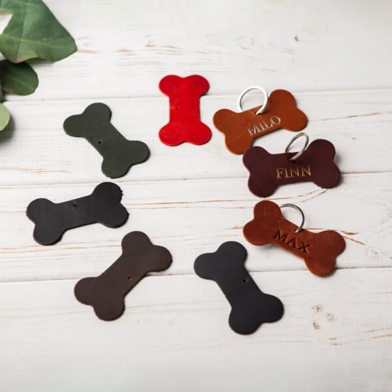 Custom Logo Dog Collar Tag Key Ring Cat Dog Name Tag Genuine Leather Bone Shape Dog Tag