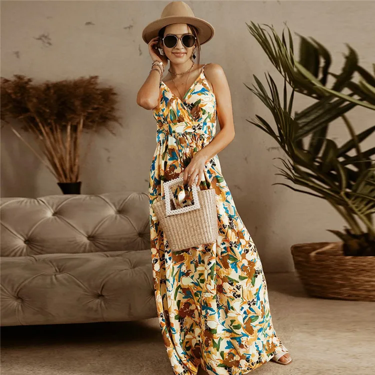2022 New Style Ready To Ship Deep V-Neck Back Open Strap Casual Dress Summer Bohemian Style White Long Dresses Women