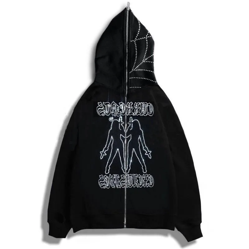 Wholesale loose trend y2k Spider Web full zip custom rhinestone hoodie cardigan unisex