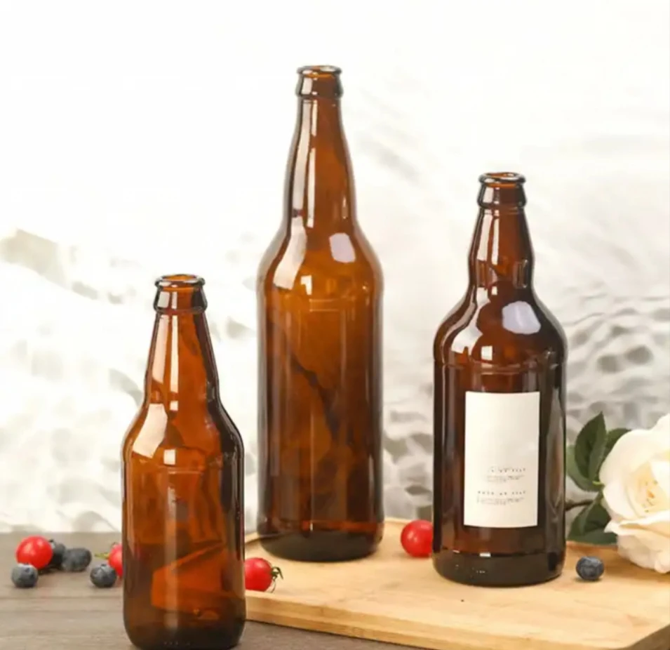 Empty Round Amber Blue Glass Beer Bottles For Beverage Alcohol With Metal Crown Lids 250 ml 275 ml 330 ml 500 ml