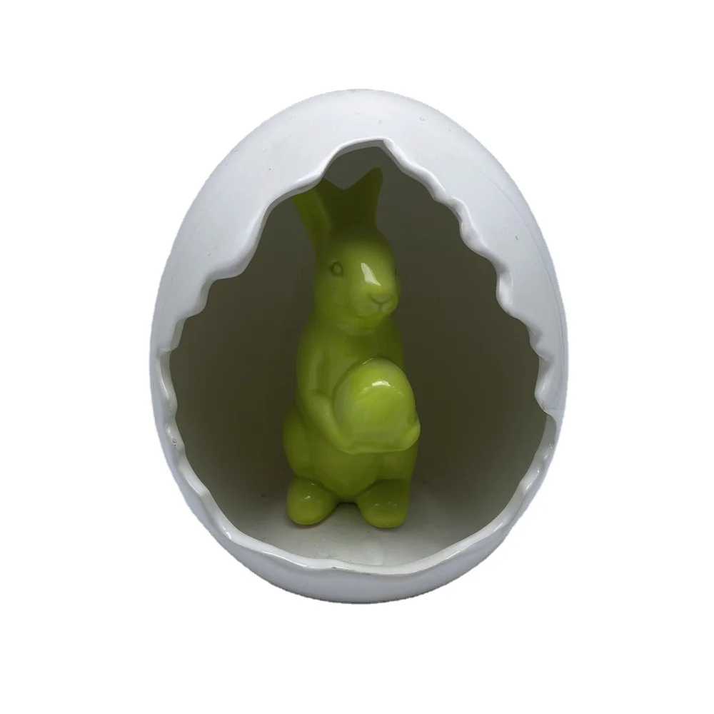 Easter indoor home decor ceramic egg with rabbit standing figurine
