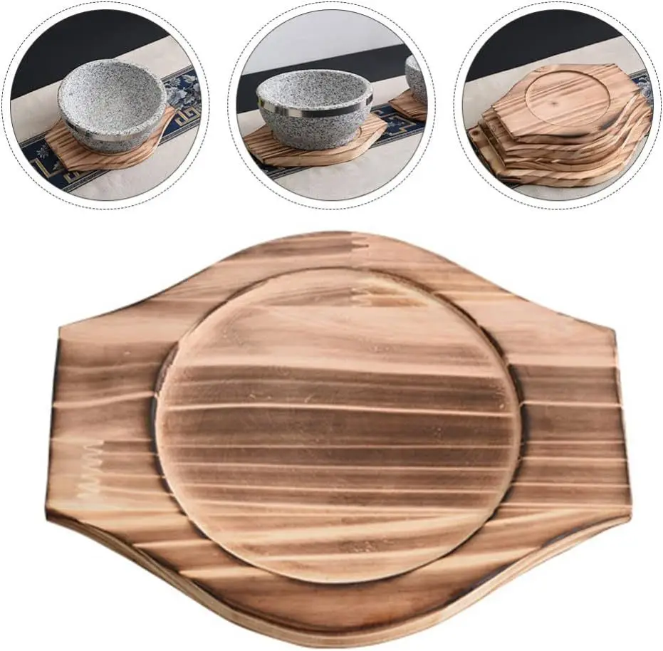 Thickening Anti-Heat Teppanyaki Wooden Board Korean Bibimbap Wooden Serving Tray Solid Wood Hot Pot Stone Bowl Serving Base