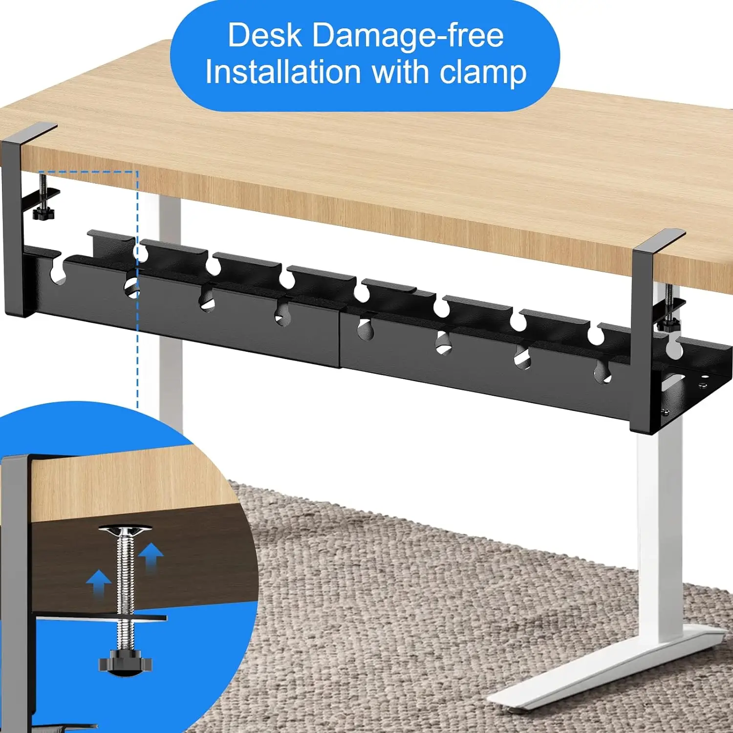 No Drilling Extendable Cord Organizer Desk Storage with Clamp Under Desk Cable Management Metal Tray