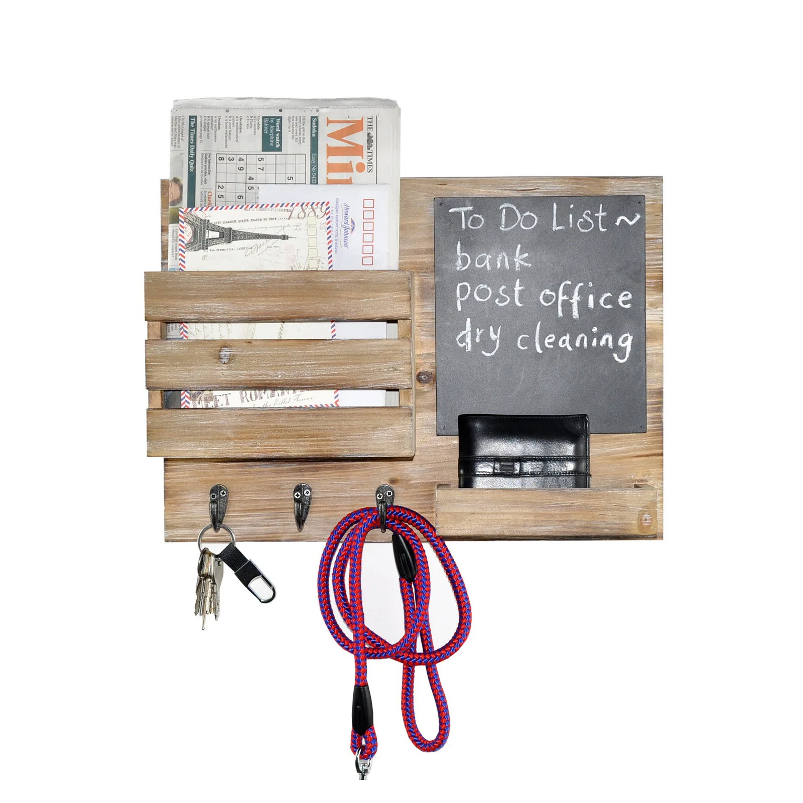Solid Wood Wall Mounted Mail Envelope Rack Coat Rack Mail & Key Holder With chalkboard