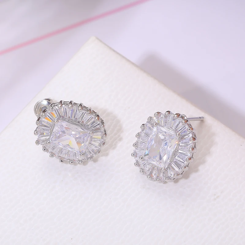 Korea Cubic Zirconia Rhodium Plated Zinc-Copper Fashion Custom Available Silver Stud Earrings jewelry women