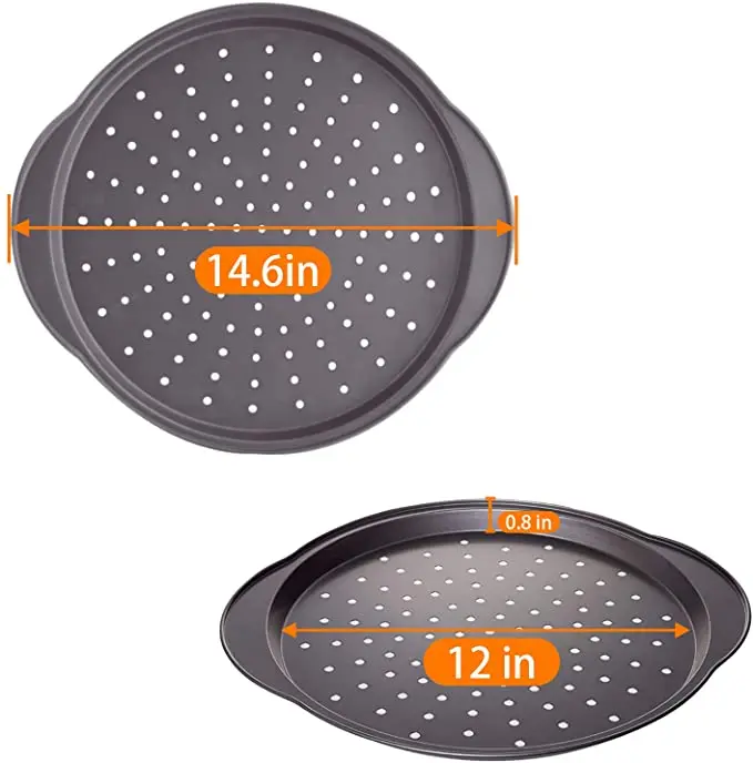 2 piece set of circular perforated style oven non-stick carbon steel baking tray pastry pie pizza tray