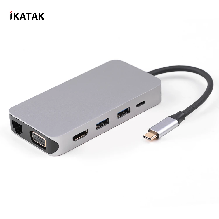 
All in One Type C Hub 4K HDMI VGA Gigabit Ethernet PD Charging USB3.0 Multiple USB C Hub 