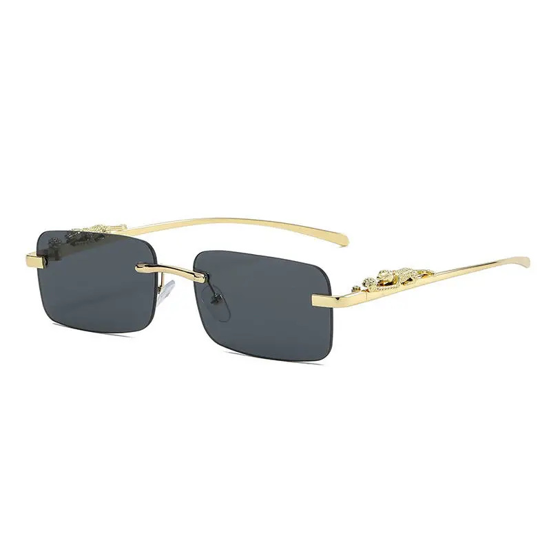 Hot rectangle cheetah decoration sunglasses men sun glasses fashion square rimless sunglasses women panther on temples