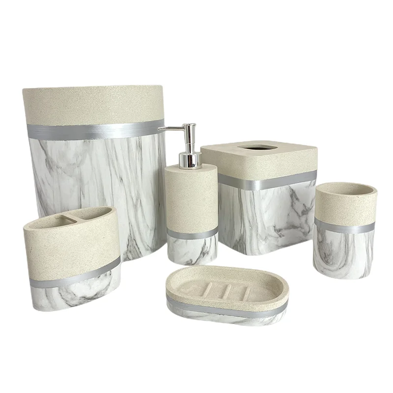 6 pcs home bathroom accessories Luxury Marble effect Polyresin Modern bathroom accessory sets with  bath shelf