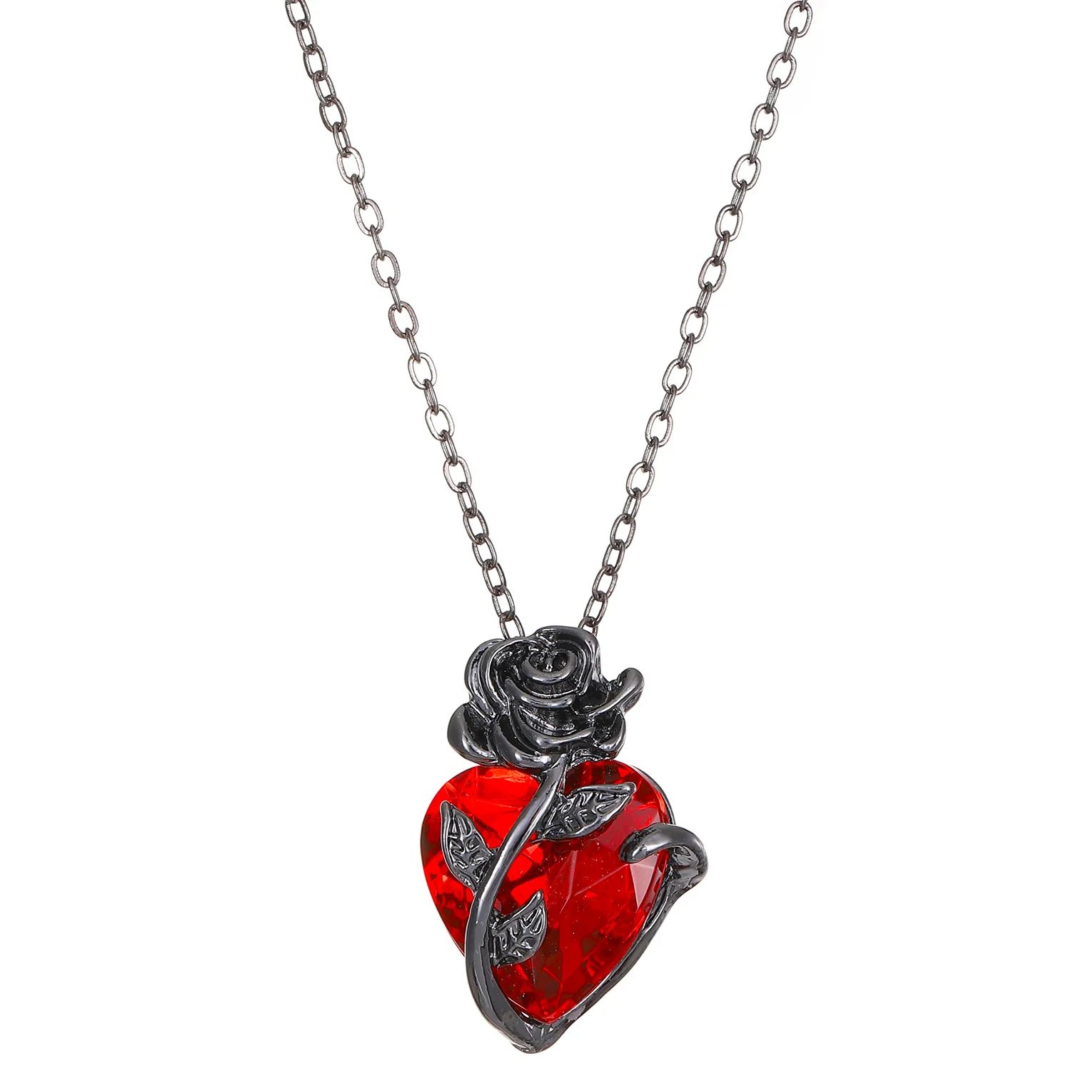 Vintage Black Rose Flower Red Crystal Heart Pendant Necklace Women Gothic Party Jewelry Thorn Rose Clavicle Chain For Women Gift