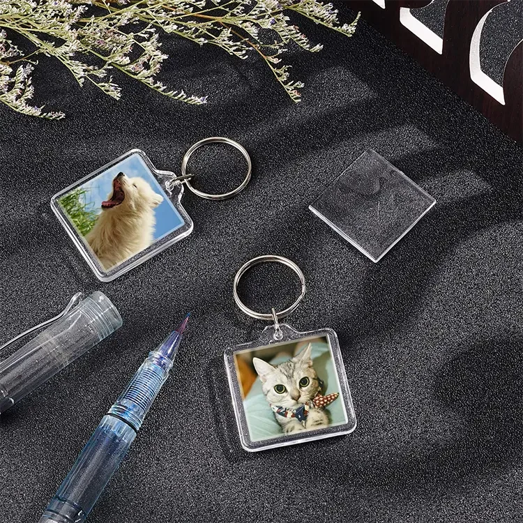 Round Square Rectangle Clear Acrylic Insert Photo Split Ring Keyring