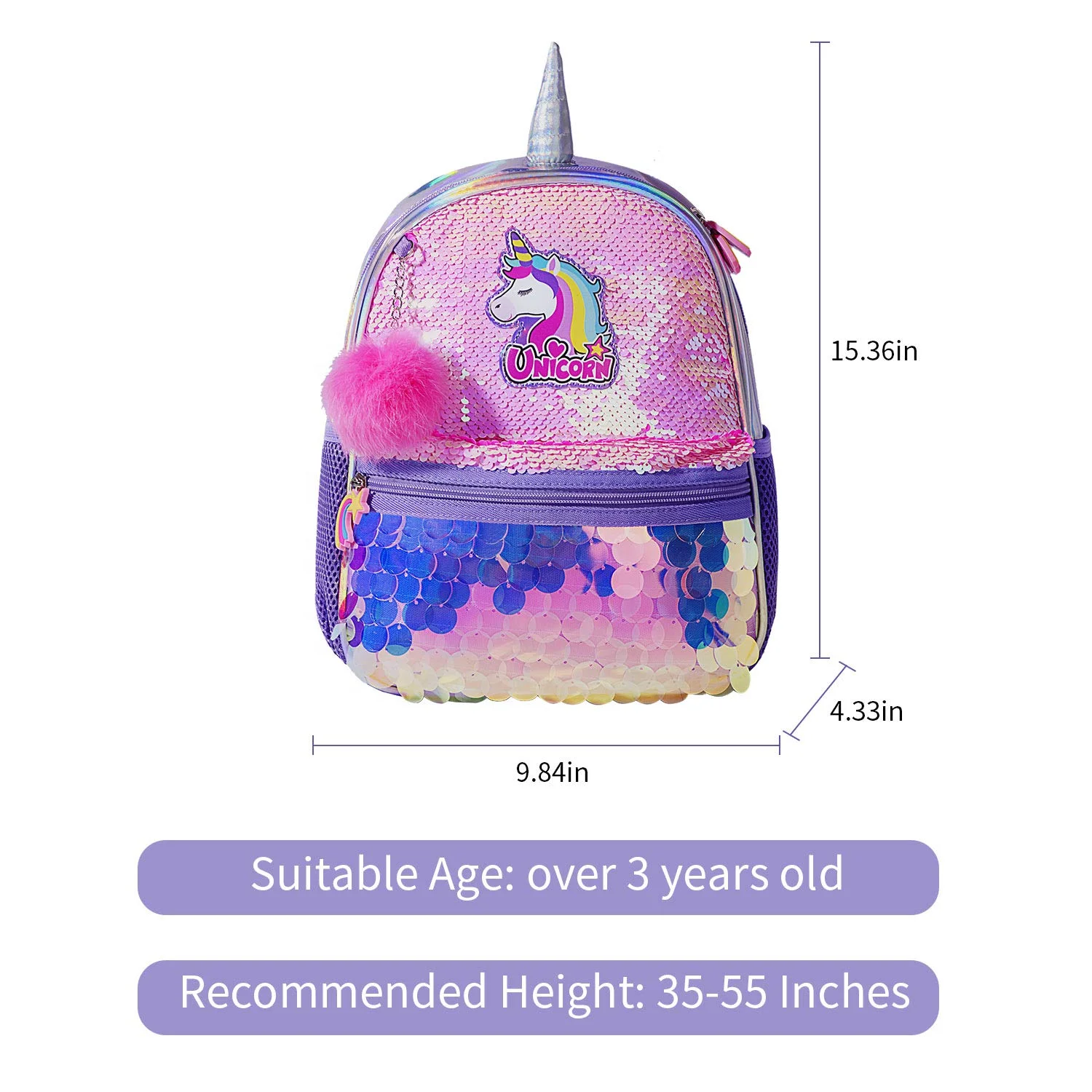 Mochilas Escolares Reversible Sequin Cute 3D Cartoon Unicorn Little Girls Toddler Book Bags School Children Kids Backpack Bag