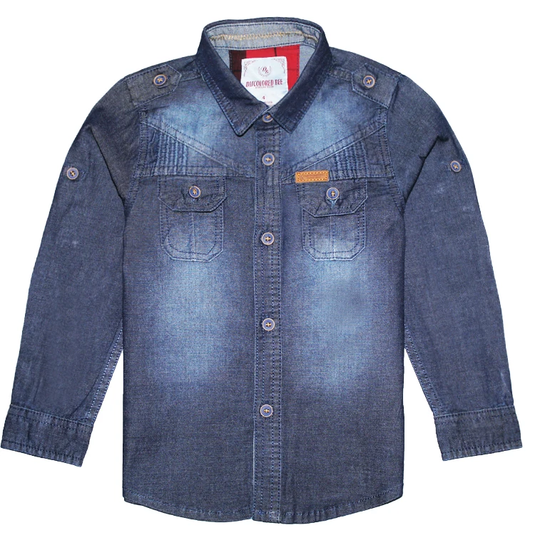 
Model Number 1271871D-1 Good Price Simple Style Stand Collar Pockets Cotton Of Long Cotton Children Denim Shirts 