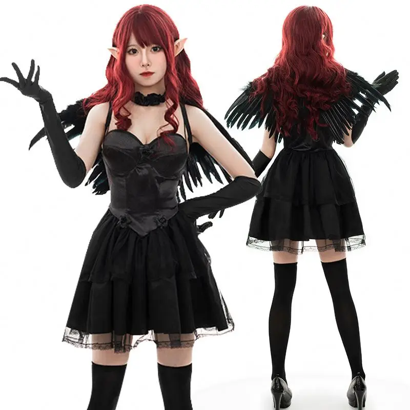 Free Sample Devil Dresses for Girls Witch Cosplay Costume Halloween Black Horror Dress up Cosplay Suspender Dress