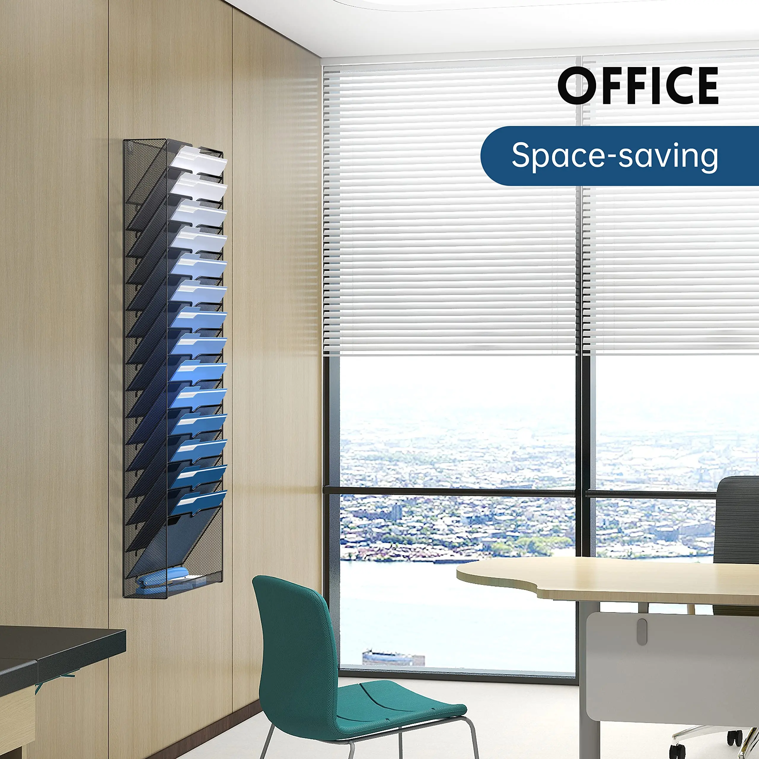 Metal Mesh 15 Tier Vertical Hanging Wall File Organizer with Bottom Flat Tray Holder for Papers and Magazines