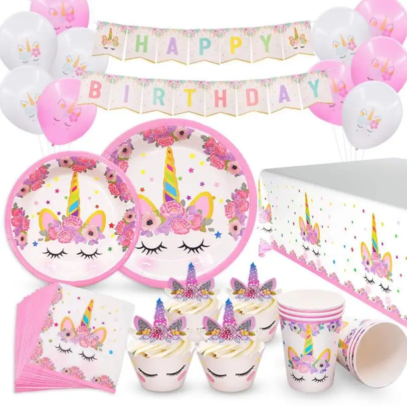 Hot sale hot pink unicorn children birthday party banner pull flag paper cup snack tray unicorn party decorations
