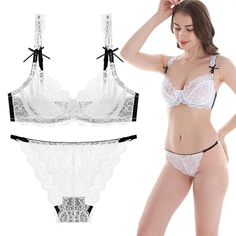 Sexy Ladies Lingeries Pour Femme Full Lace Soft Bra No Padded Bra Sexy Transparent Underwear See Through Lace Briefs Bra Sets