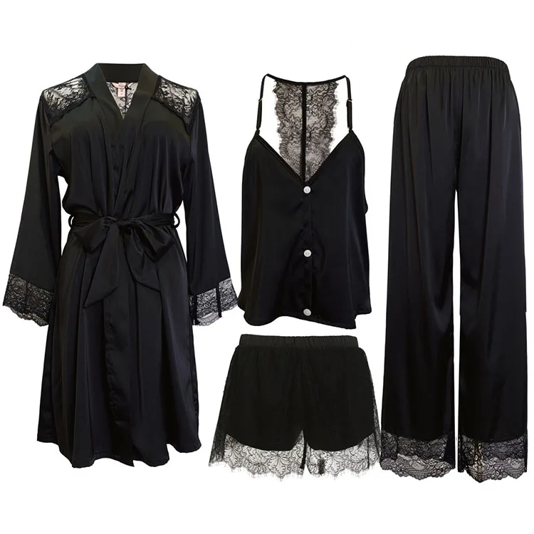 wholesale custom pink sexy long mulberry silk satin robe grow and pajamas set for women in bulk