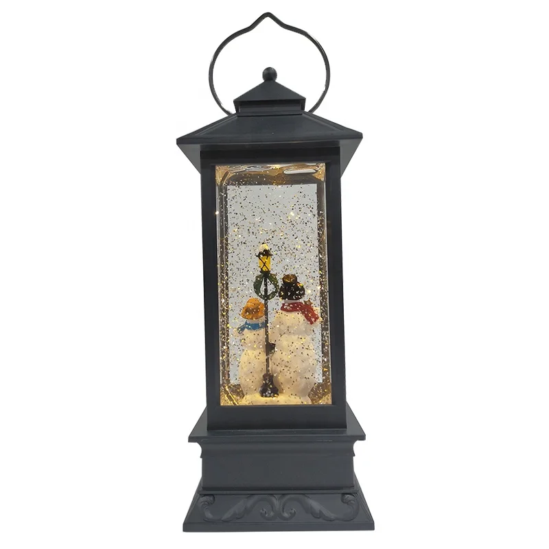 Resin Square Shape Glitter Water Spinning Lantern Christmas Snow Globe Led Snowman Family Scene Glitter Lantern with Moving Snow