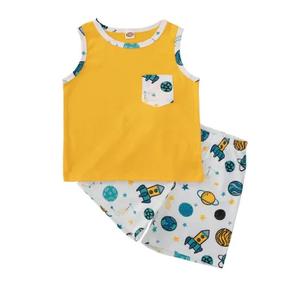 
2pcs Kids Boy Suits Casual Sports Set Outfits Children Yellow Pocket T-shirt With Space Shorts 2021 Costume 