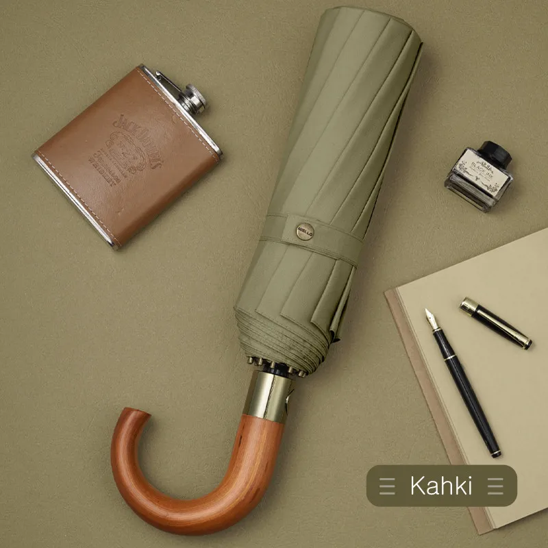 Factory wholesale automatic single layer umbrella 3 fold open umbrella hook wooden handle with uv