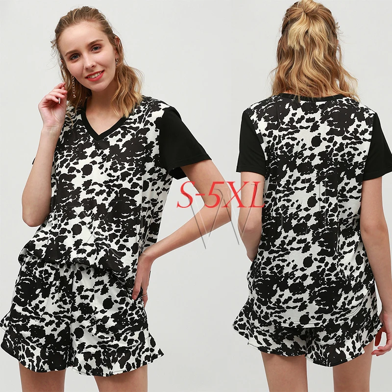 Женский Повседневный комплект из двух предметов, шорты оверсайз с коротким рукавом и принтом коровы и оборками, летний комплект из двух предметов, 2021