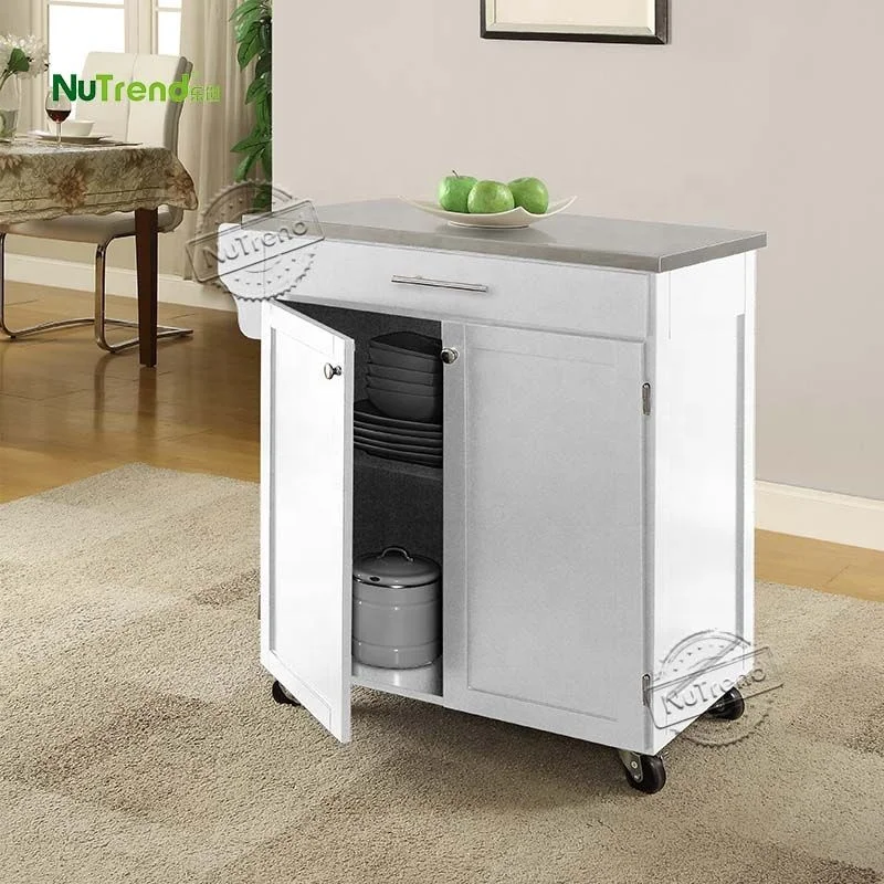 Customized Stainless Steel Top Modern Black Design Wooden Kitchen Cart with Drawer Mobile Storage Cabinet Trolley with Wheels