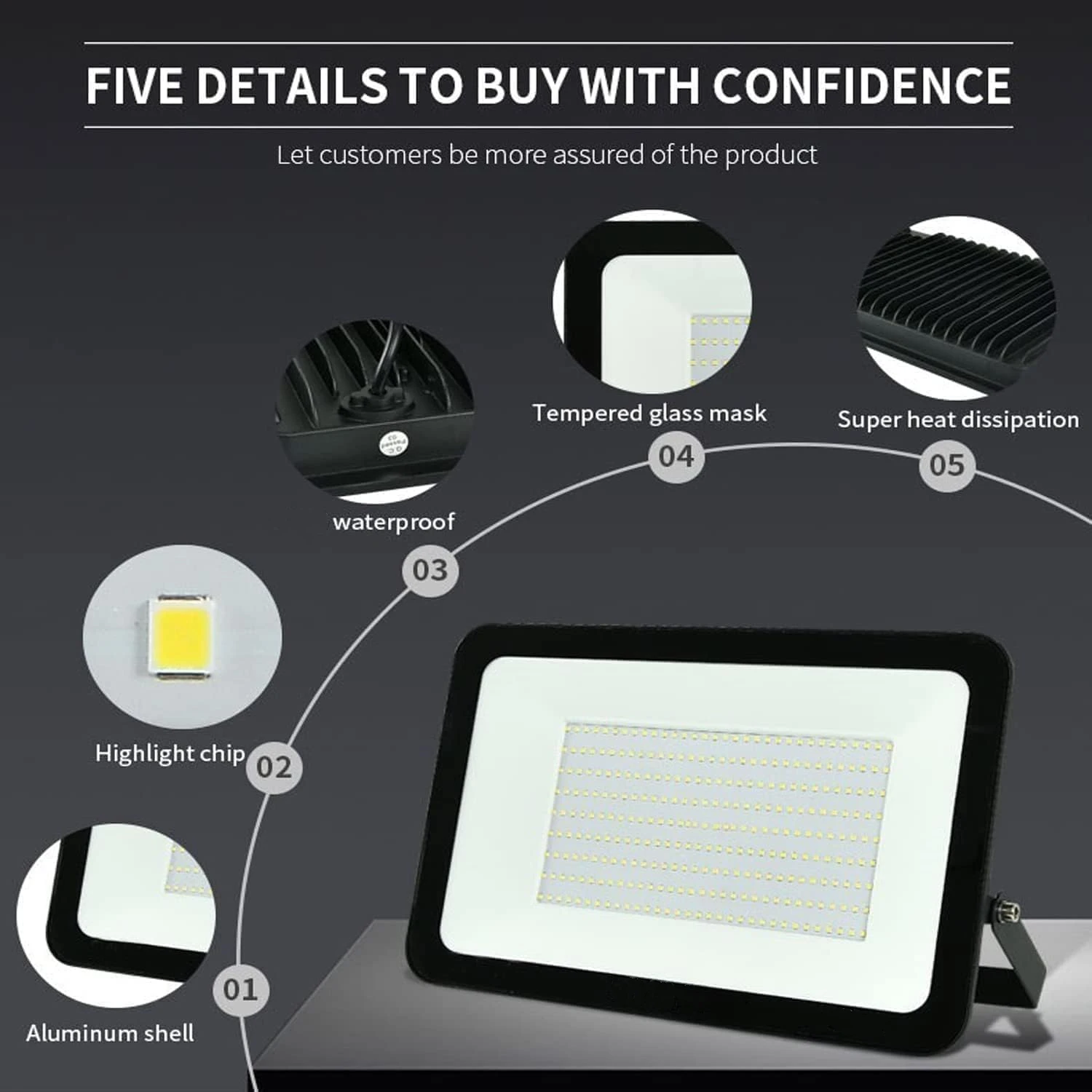 High Power 10w 50w 200w LED Flood Light Outdoor Waterproof IP65 Brightness Light Fixture Tempered Glass