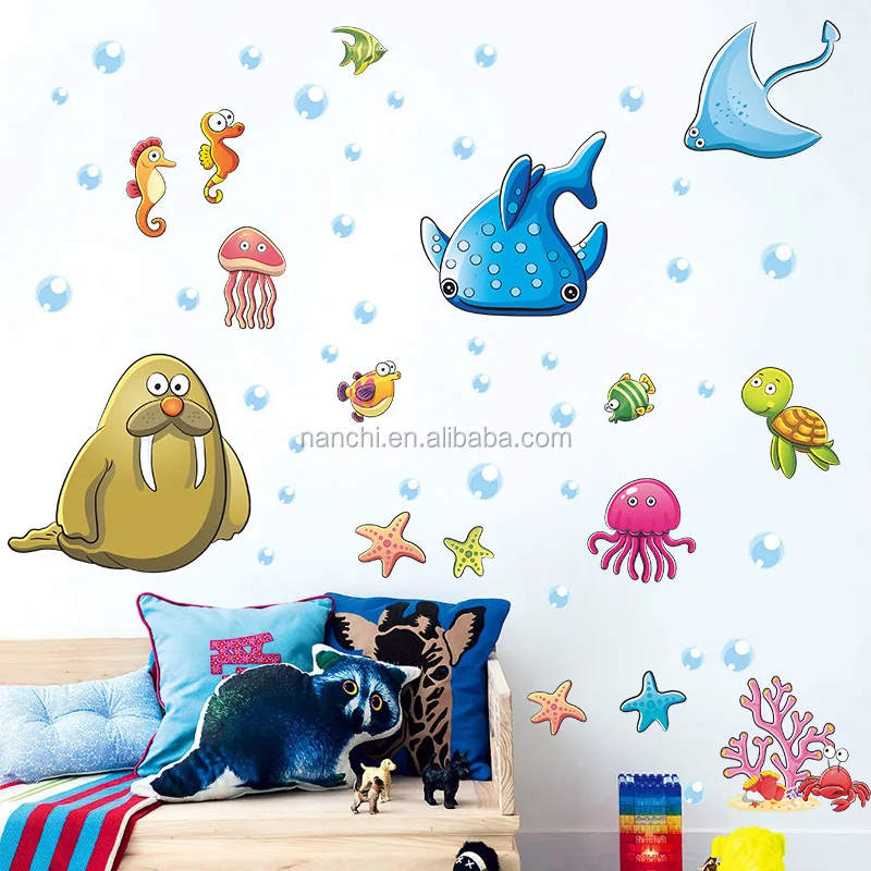 3D cartoon dolphin wallpapers for kids Blue ocean wallpaper sea decoration interior murals kindergarten kid wall mural stickers