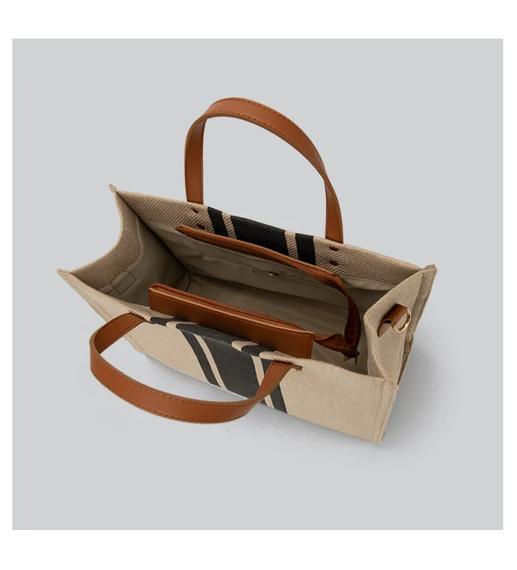 High Quality Trendy Canvas Shoulder Handbag Fashion Large Capacity Women Cotton Striped Tote Bag