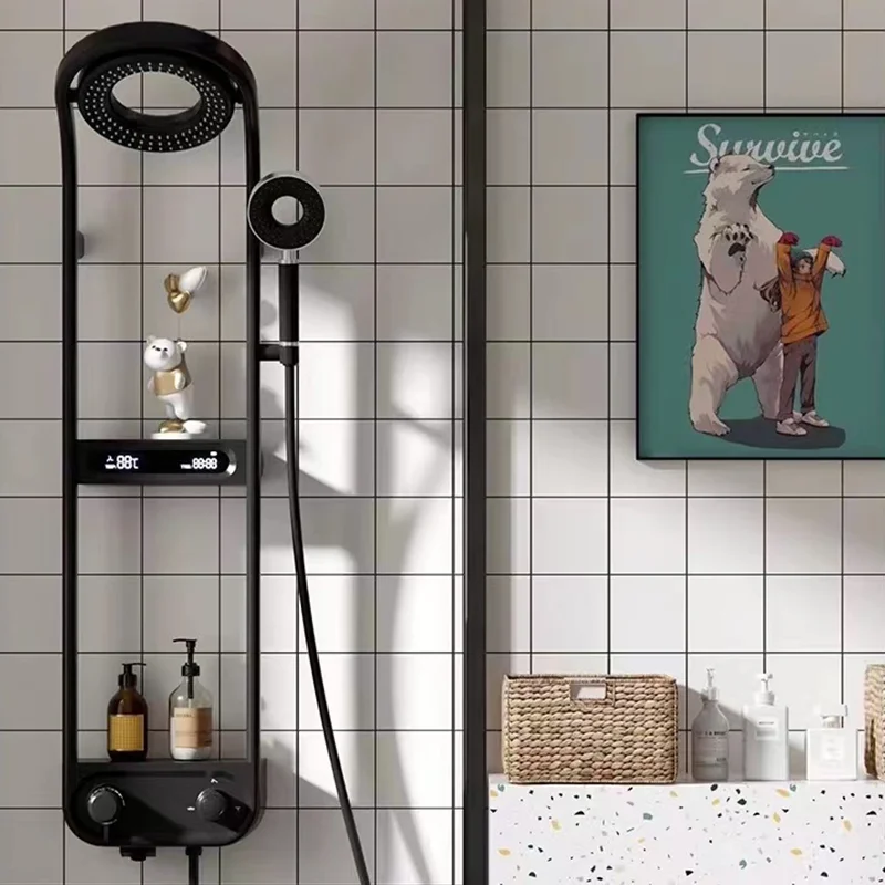 Luxury Smart Shower System Bathroom Wall-Mounted 360 Degree Shower Panel Head Black Brass Rain Effect Thermostatic Shower Set