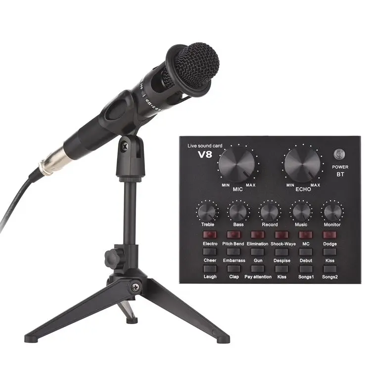 V8 Live Stream Kit Sound Cards and Microphone with 12 Sound Effects Mini Audio Sound Mixer for Live Streaming Karaoke