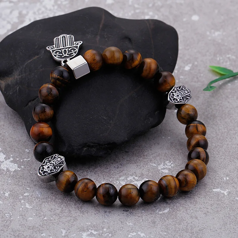 Vintage Stainless Steel the Hand of Fatima Hamsa Charms Natural Stone tiger Eye Beaded Bracelet Jewelry Wholesale for Men