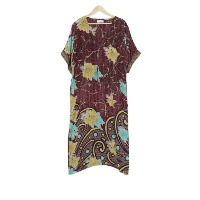 Beach Wear Bathrobe Ankle Length Gown Bikini Cover Up Rasgulla Crepe Silk Caftan Indian Floral Printed Side Pockets Caftan Dress