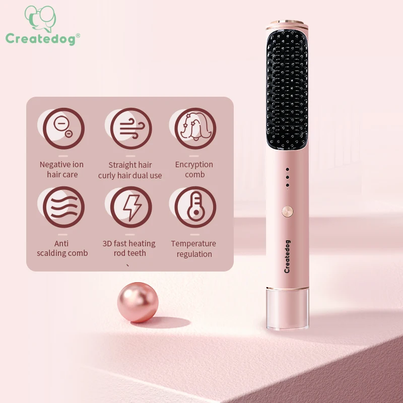 Перезаряжаемый портативный мини-выпрямитель для волос с отрицательными ионами, горячая расческа для волос, выпрямитель для бороды, розовая щетка для волос
