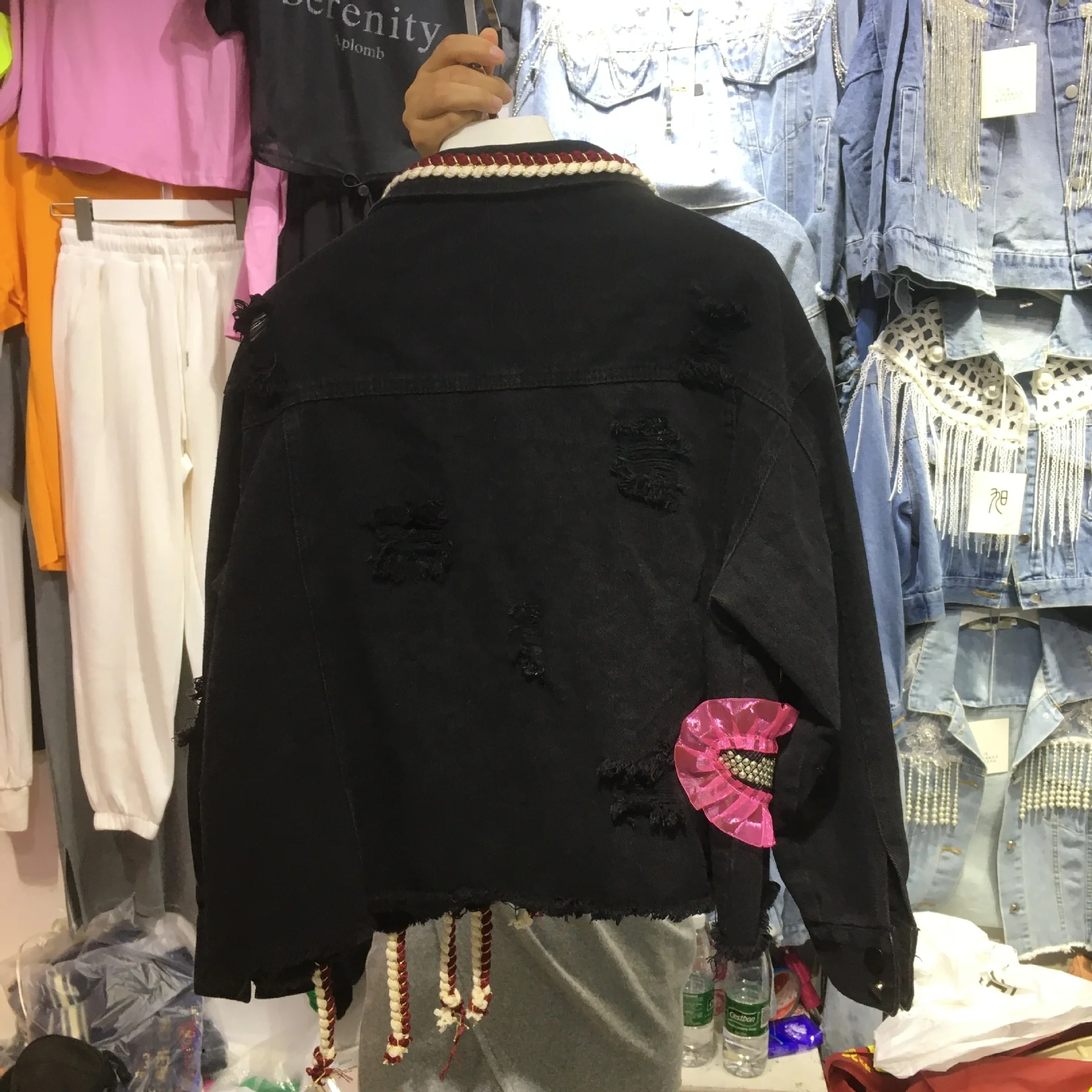 OUDINA European Design Hole Inlaid Diamond Patch Lace Contrast Color Casual Loose Jacket Women Denim Jackets