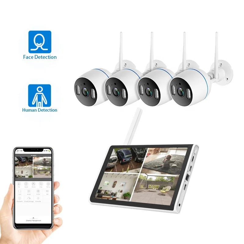 NVR Kits Human Detection Night Vision Waterproof Wireless LCD 4CH 3MP WIFI Full HD CCTV Home Security Camera System Wireless
