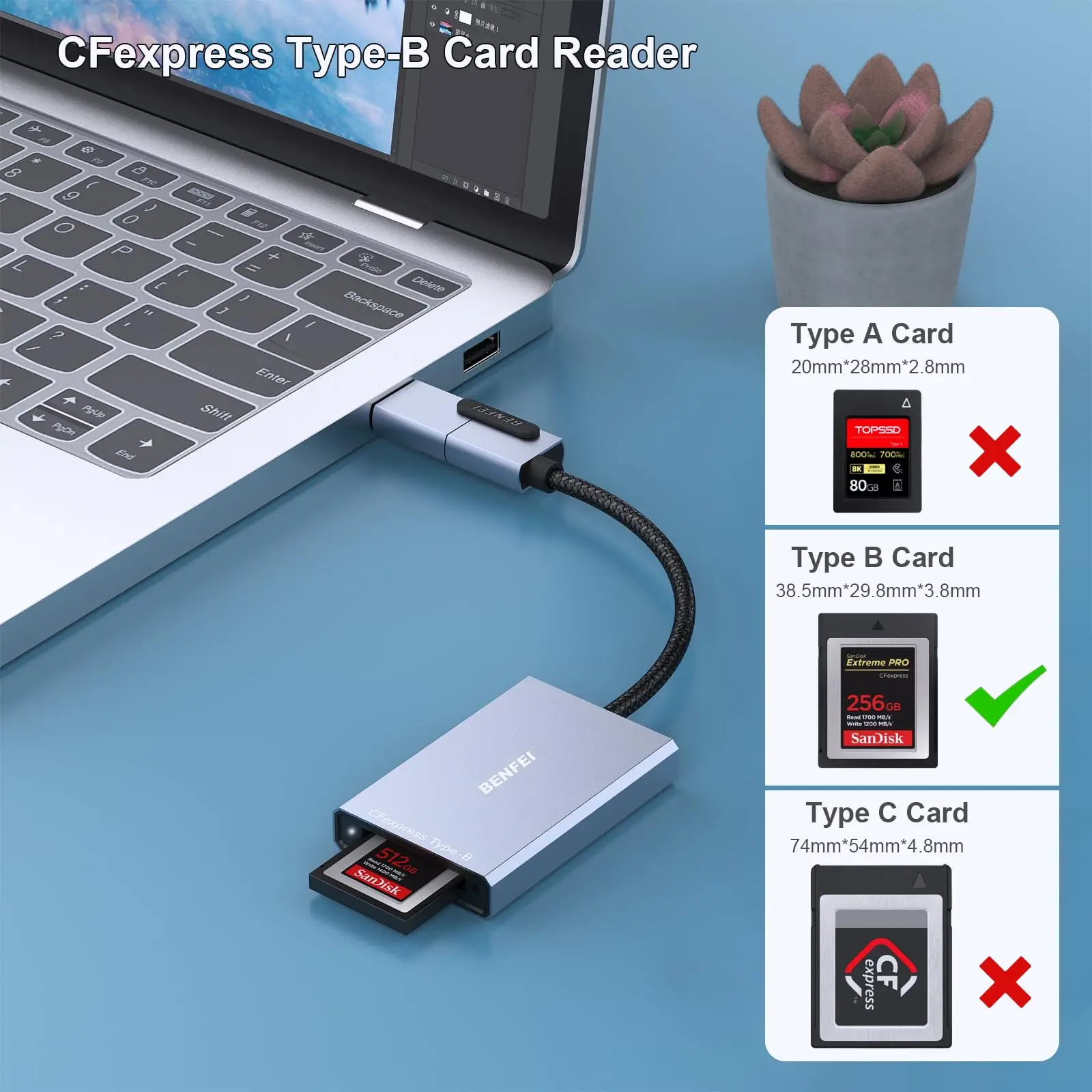 BENFEI CFexpress Card Reader 10Gbps, USB-C/USB-A 2-in-1 Type B CFexpress Adapter Compatible with Windows/Mac/Linux/Android