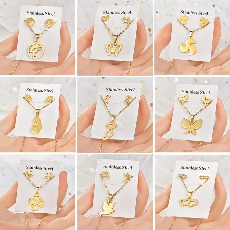 Wholesale Cheap fine Gold Plated Star Heart Butterfly Pendant Jewelry Set Three-Pieces Stainless Steel Necklace And Earrings Set